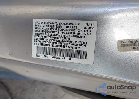2012 Honda Odyssey Ex from USA, damaged, VIN 5FNRL5H43CB036497